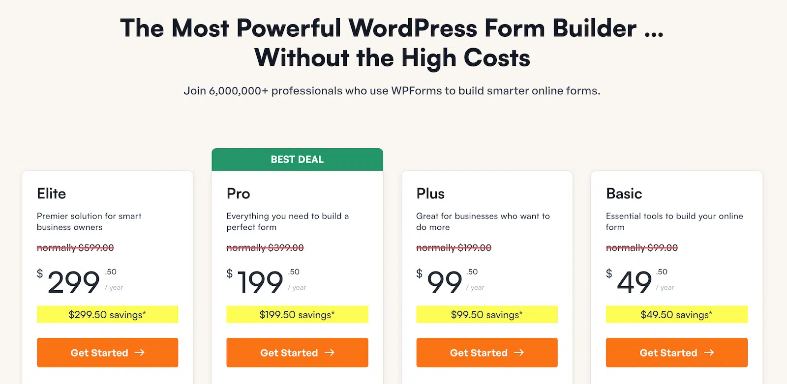 La página de precios de WPForms.