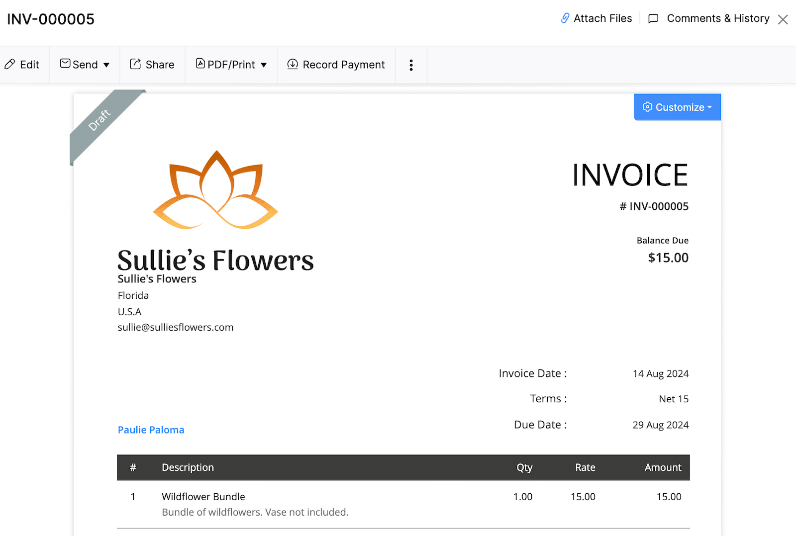 An invoice example from Zoho Invoice. 