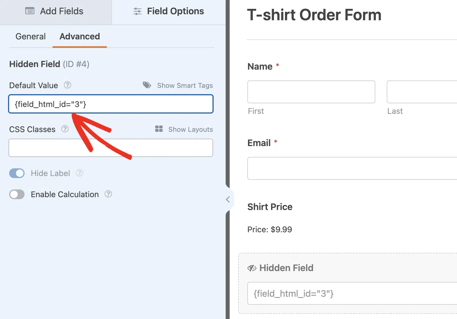 Enter default value for Hidden field