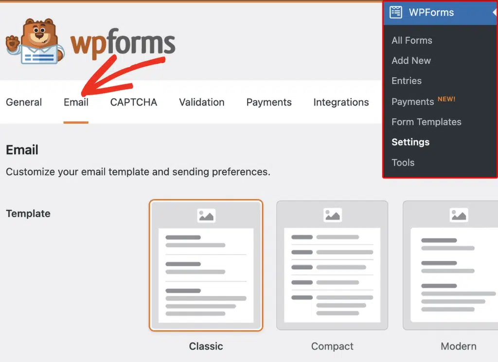 paramètres d'e-mail wpforms