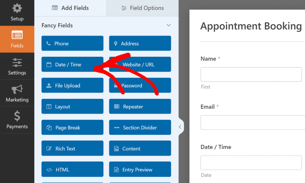 insert date time field