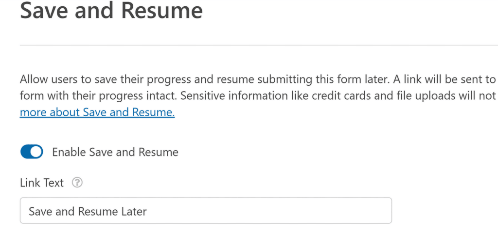 Link text for Save and Resume