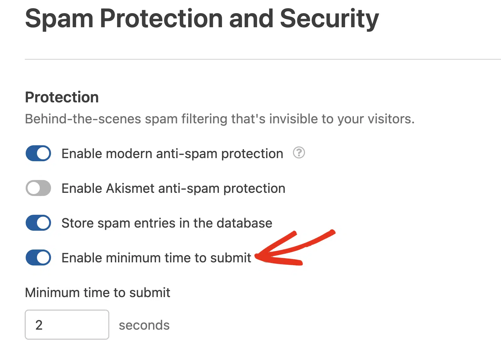 Activer le temps minimum pour soumettre le formulaire - WPForms Activer l'option de temps minimum de soumission