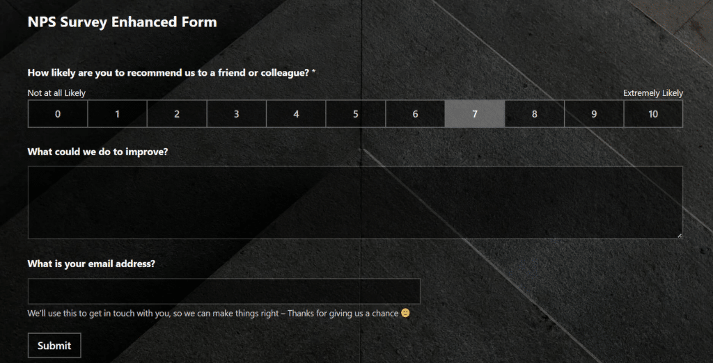 NPS enhanced survey form when rating is under 7