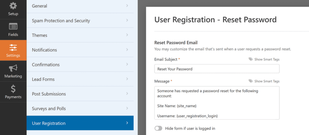 Password reset form settings