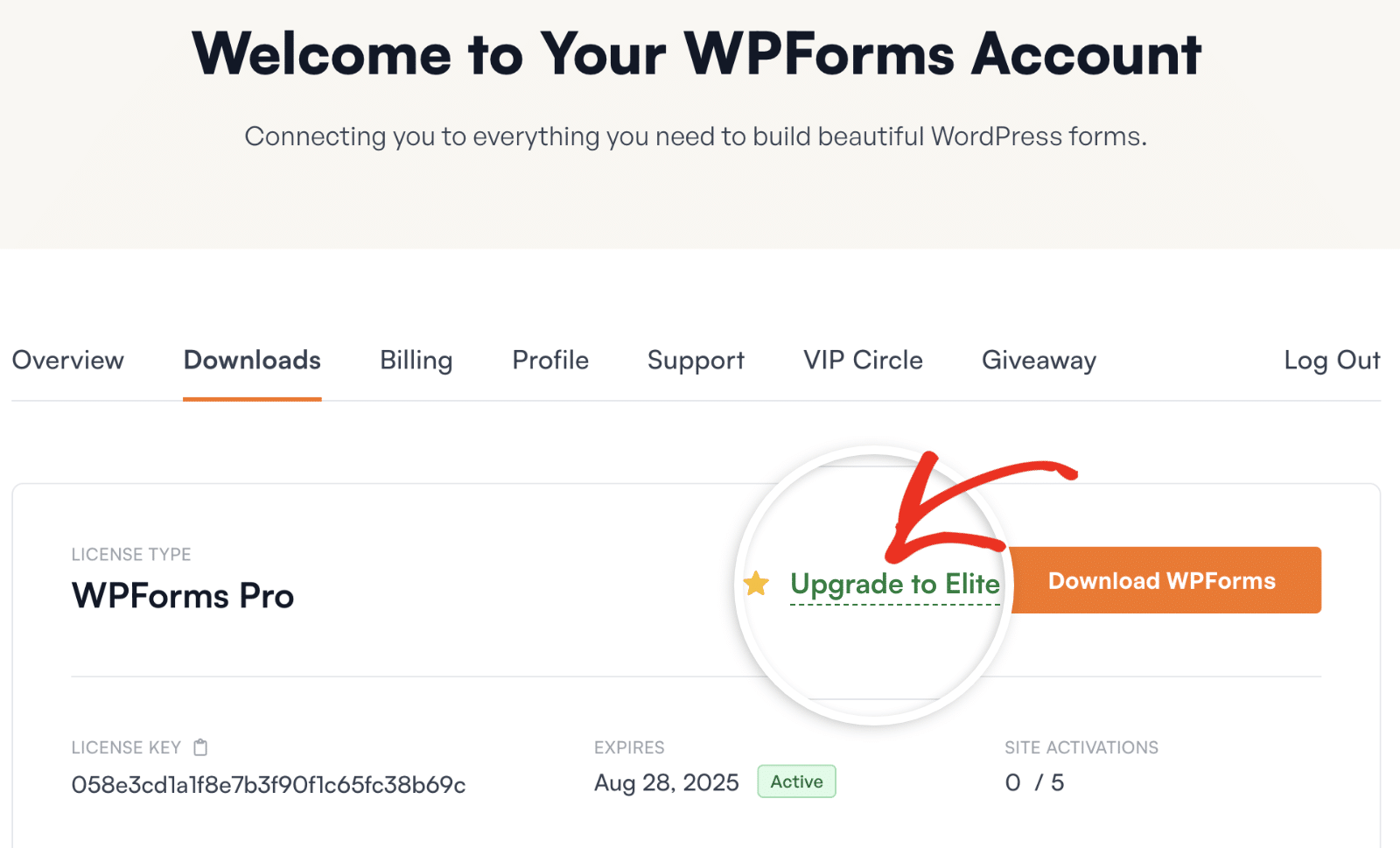 WPForms Elite upgrade link