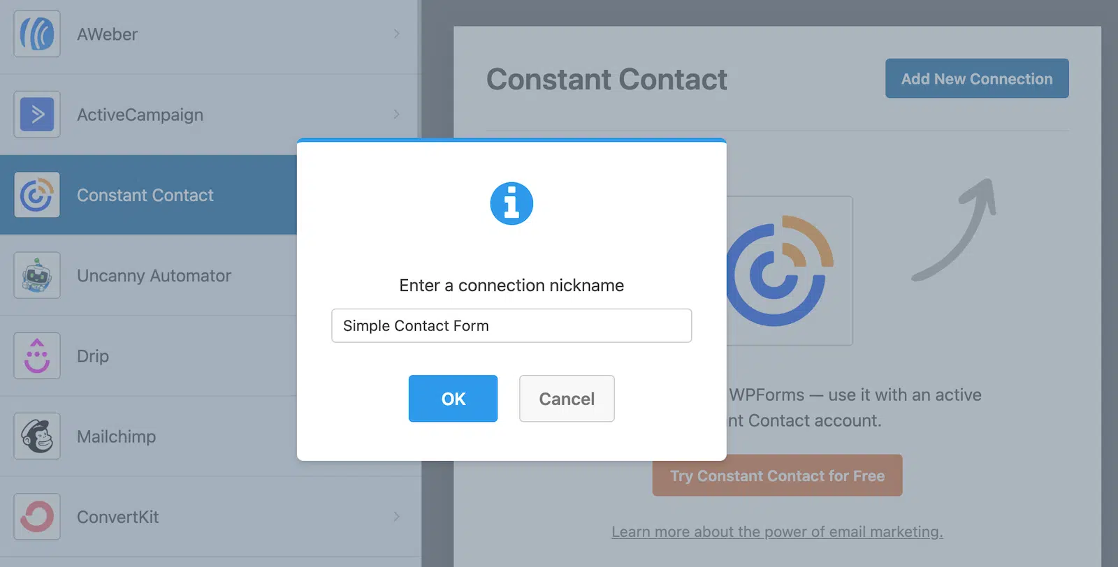 Enter a nickname for your Constant Contact connection.