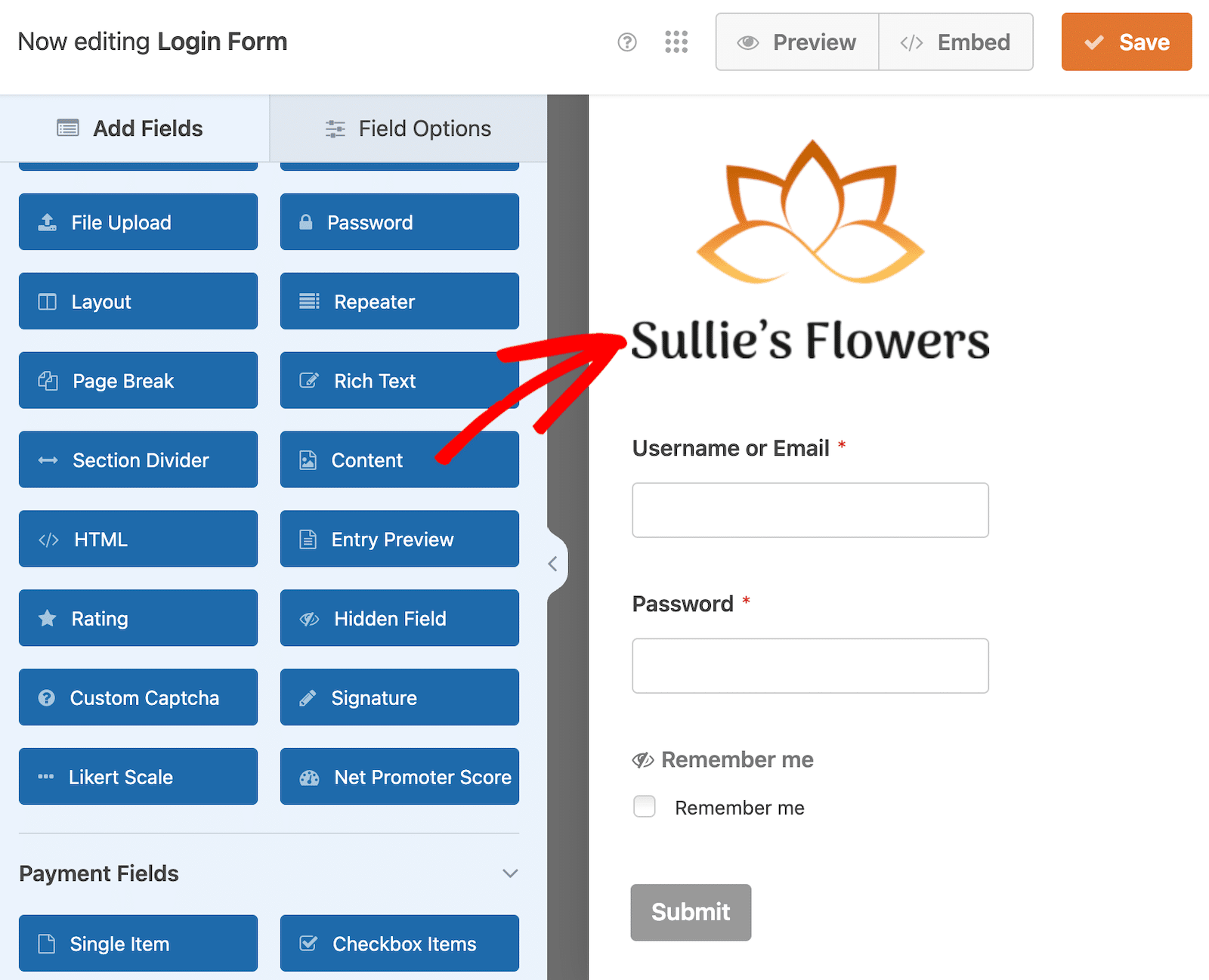 Use the content field to add additional text or a logo to your form