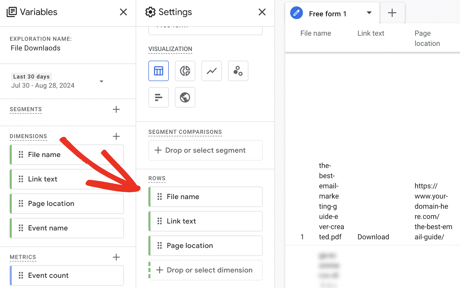 Create your custom explore report in GA4. 