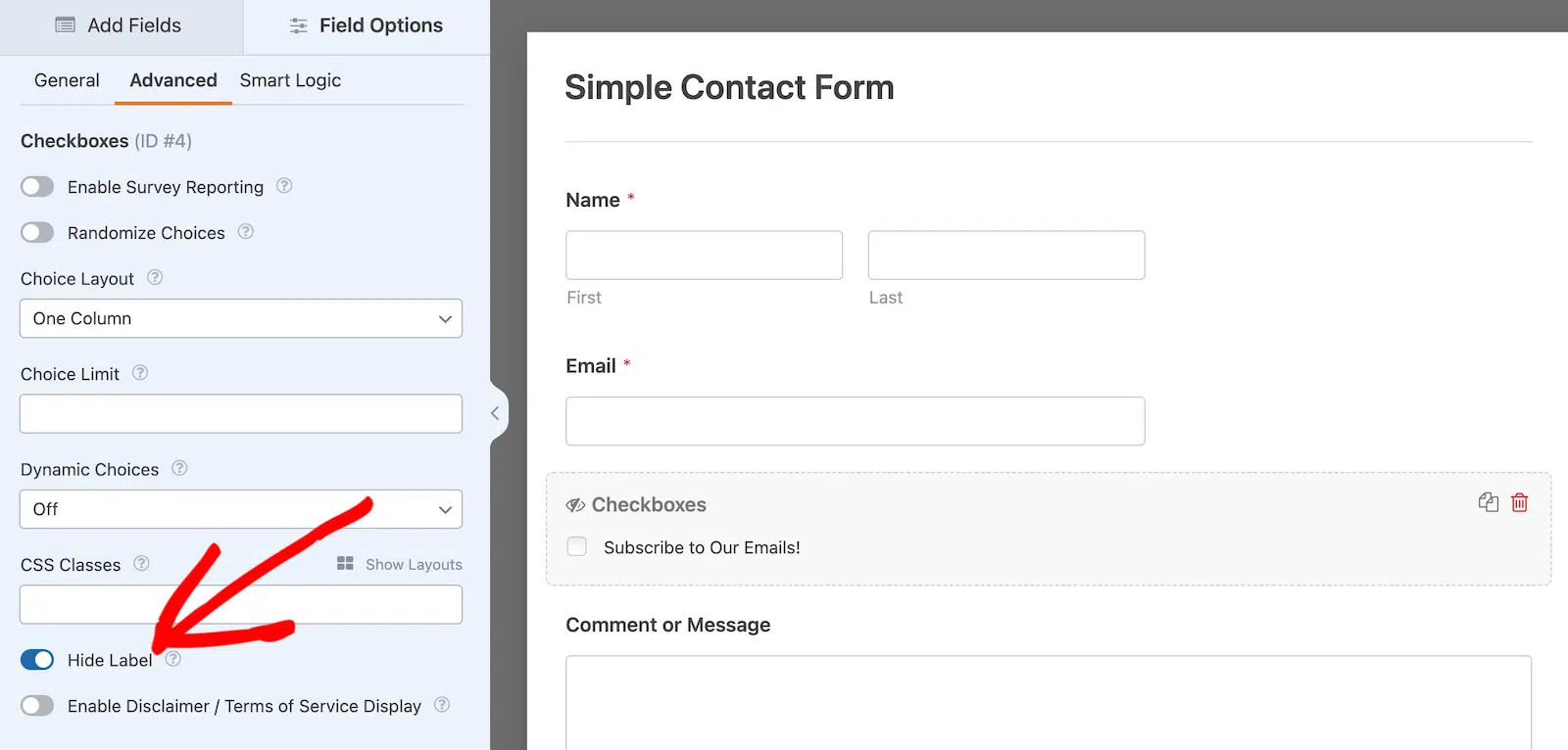 Hide the label on your checkbox field