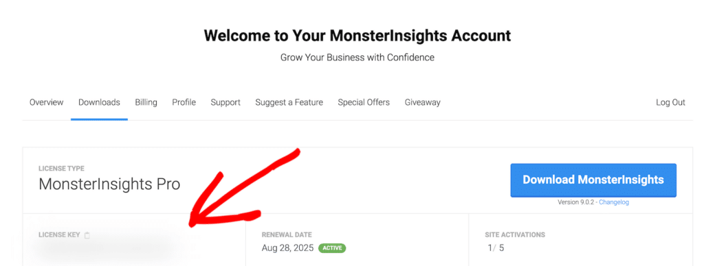 Copy your MonsterInsights license key.