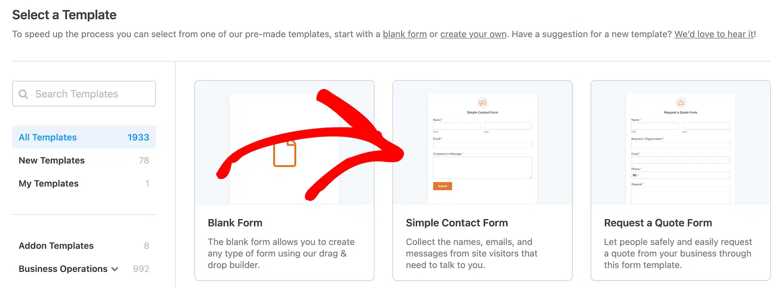 Select the Simple Contact Form template.