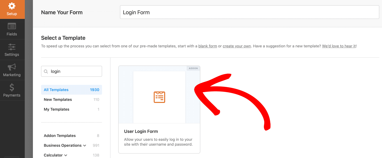 Select the User Login Form template