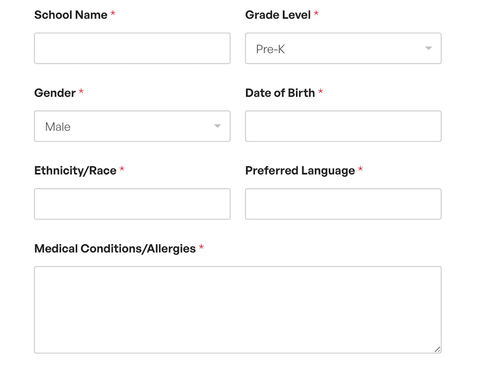 Student registration form fields