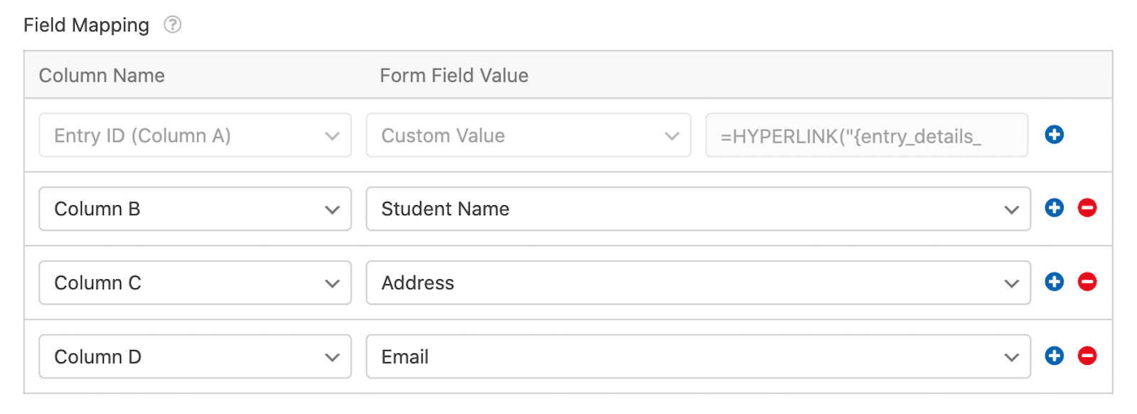 Student registration field mapping