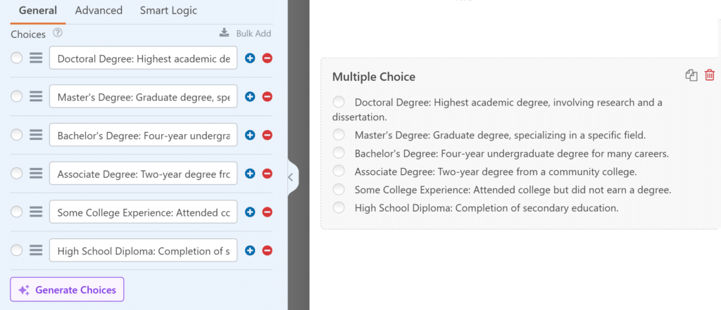 AI generated choices entered into field