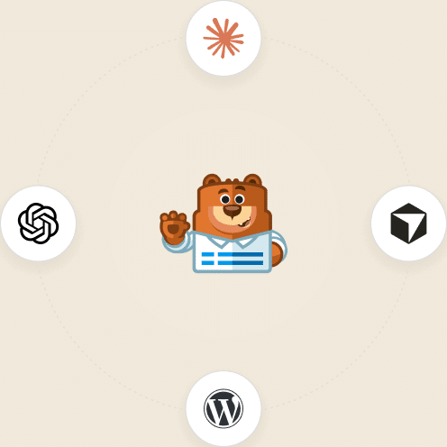Mascote de urso no centro segurando um certificado, cercado por quatro ícones circulares em um fundo pálido em um layout circular (topo com raios de sol, esquerda com nó entrelaçado, direita com cubo, baixo com o logo do WordPress). Transmite um centro de aprendizado ou treinamento com ferramentas dispostas ao redor do mascote central.