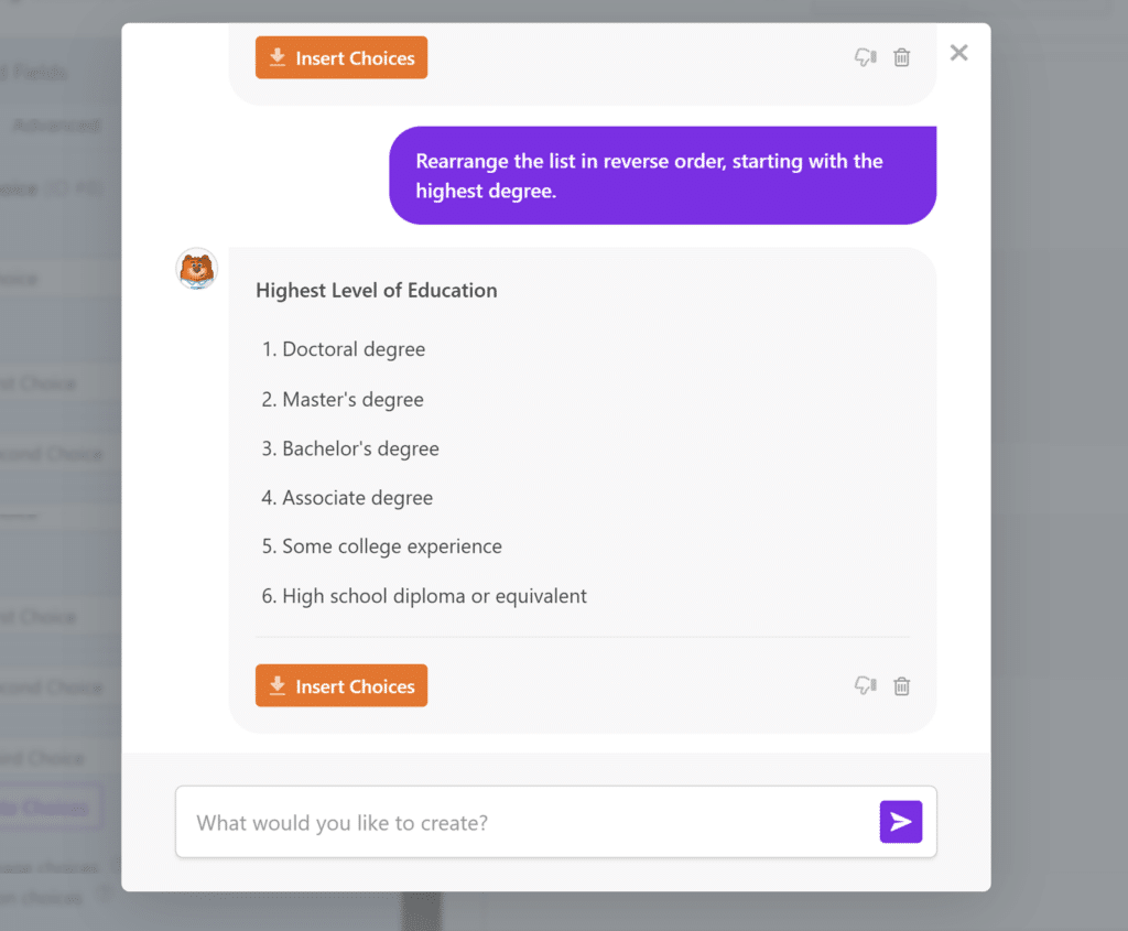 Customizing WPForms AI generated choices