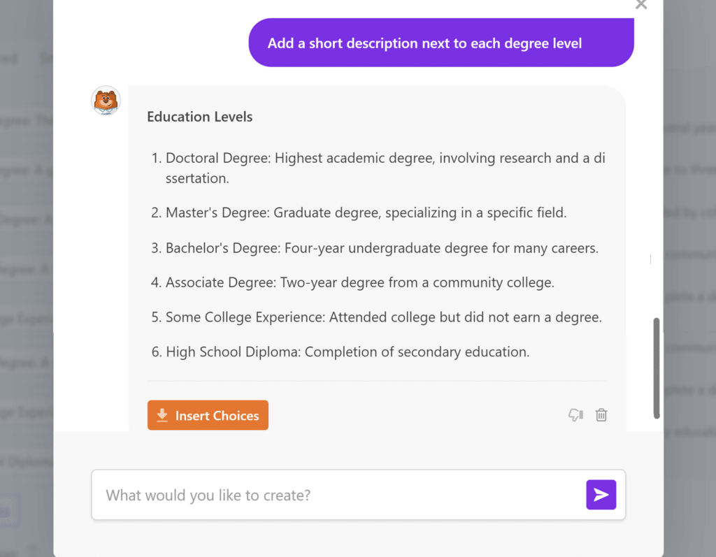 Customizing WPForms AI generated choices