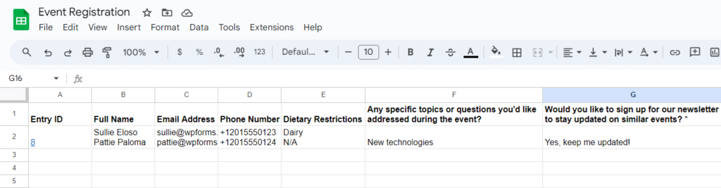 form entry google sheets