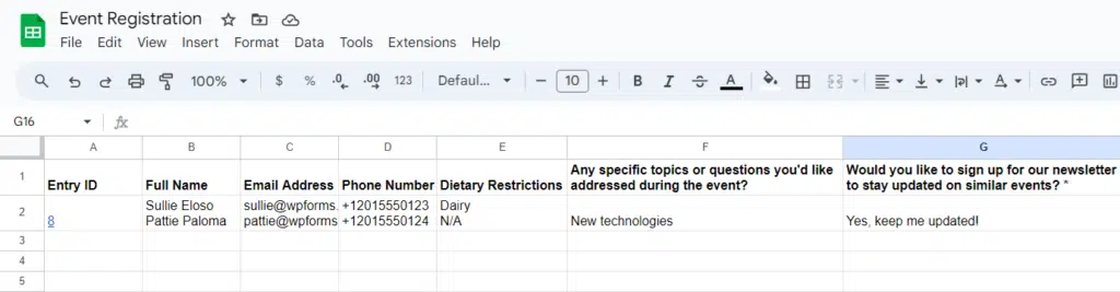 entrada de formulário google sheets