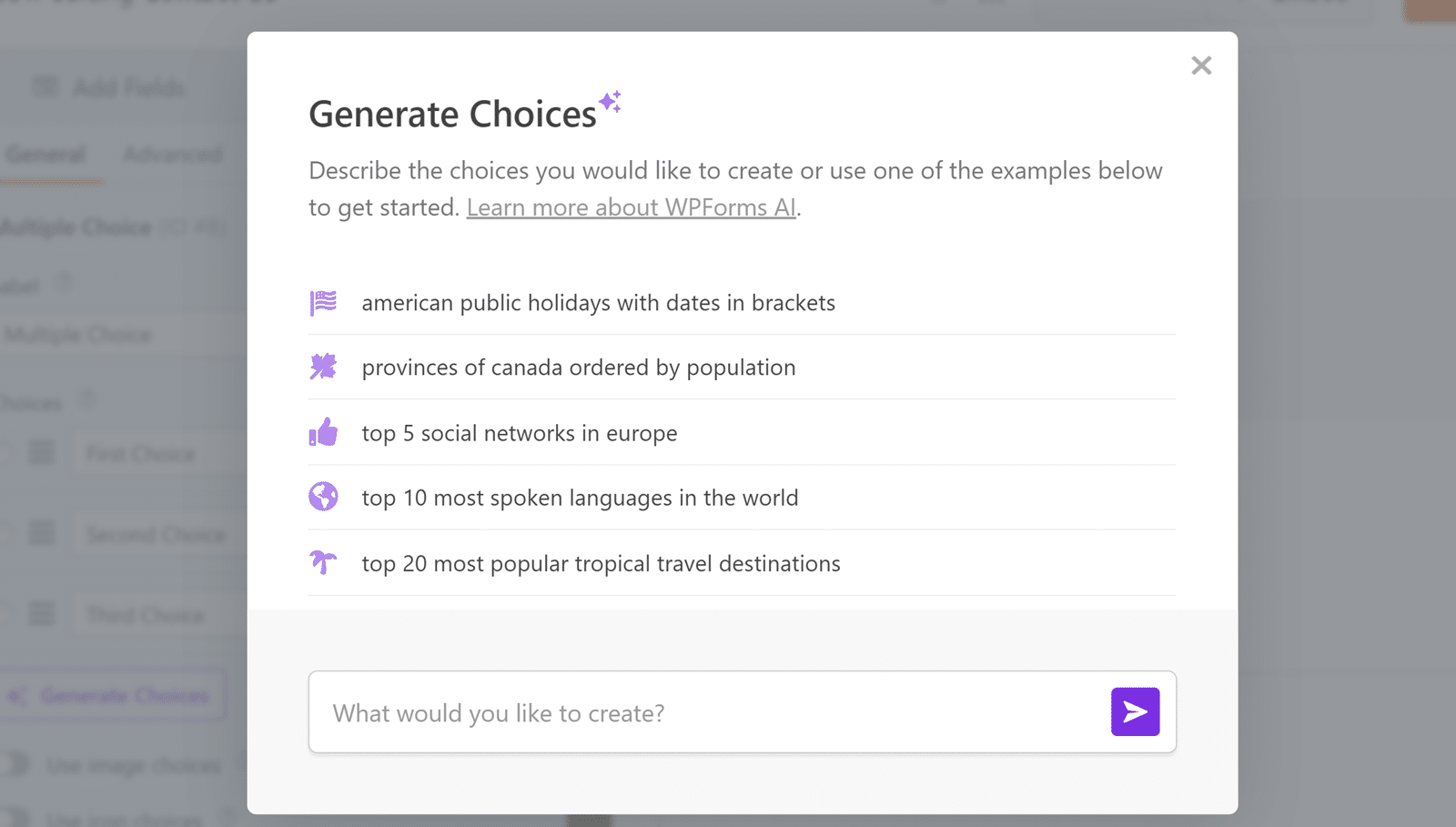 Generate Choices popup window