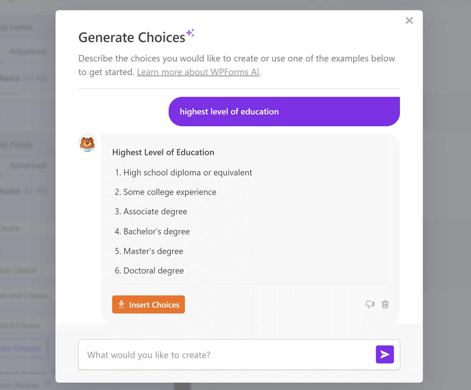 Adding an AI-generated list of education levels to a form