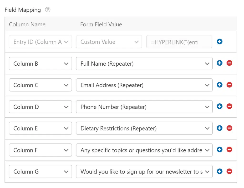 mapeamento de campos do google sheets