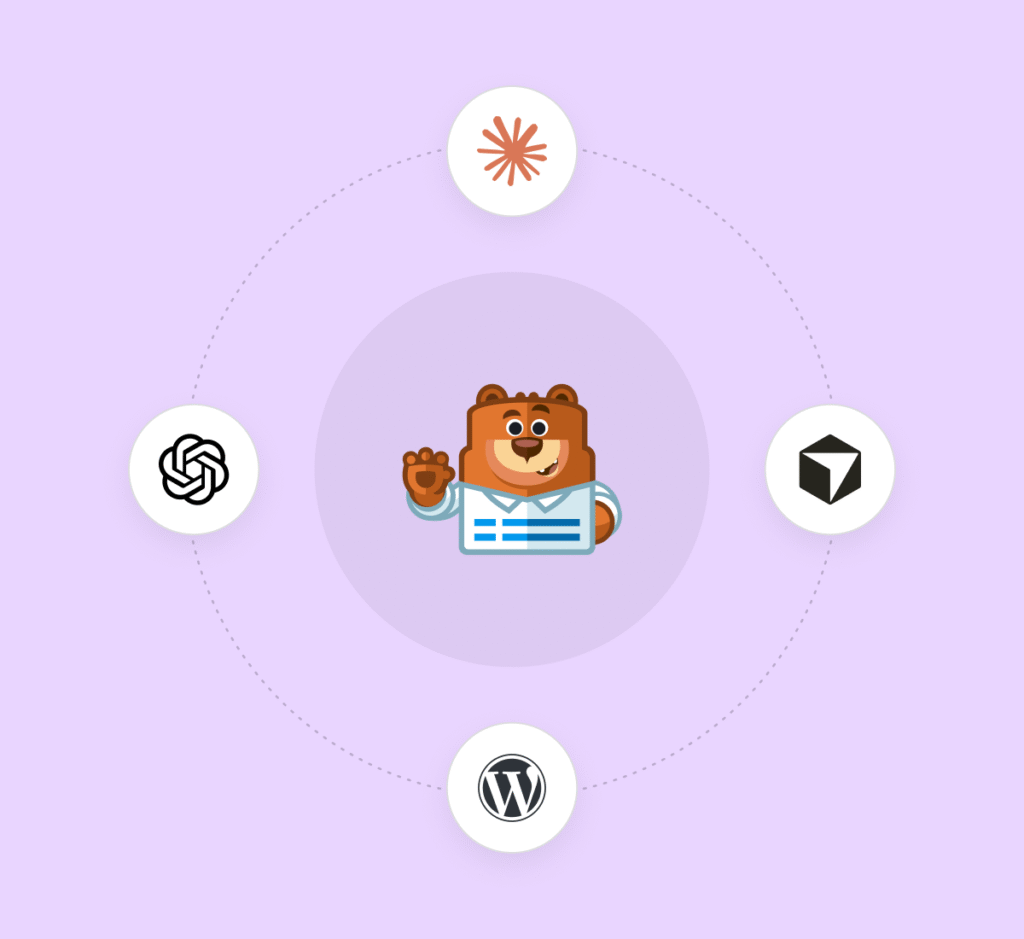 イラスト-AI-MCP-書き込みアクセス - WPForms 紫色の背景の中央にIDカードを持ったカートゥーンベアのマスコットがあり、それが結び目、スターバースト、立方体、WordPressの4つの円形のアイコンに点線で囲まれて接続されています。