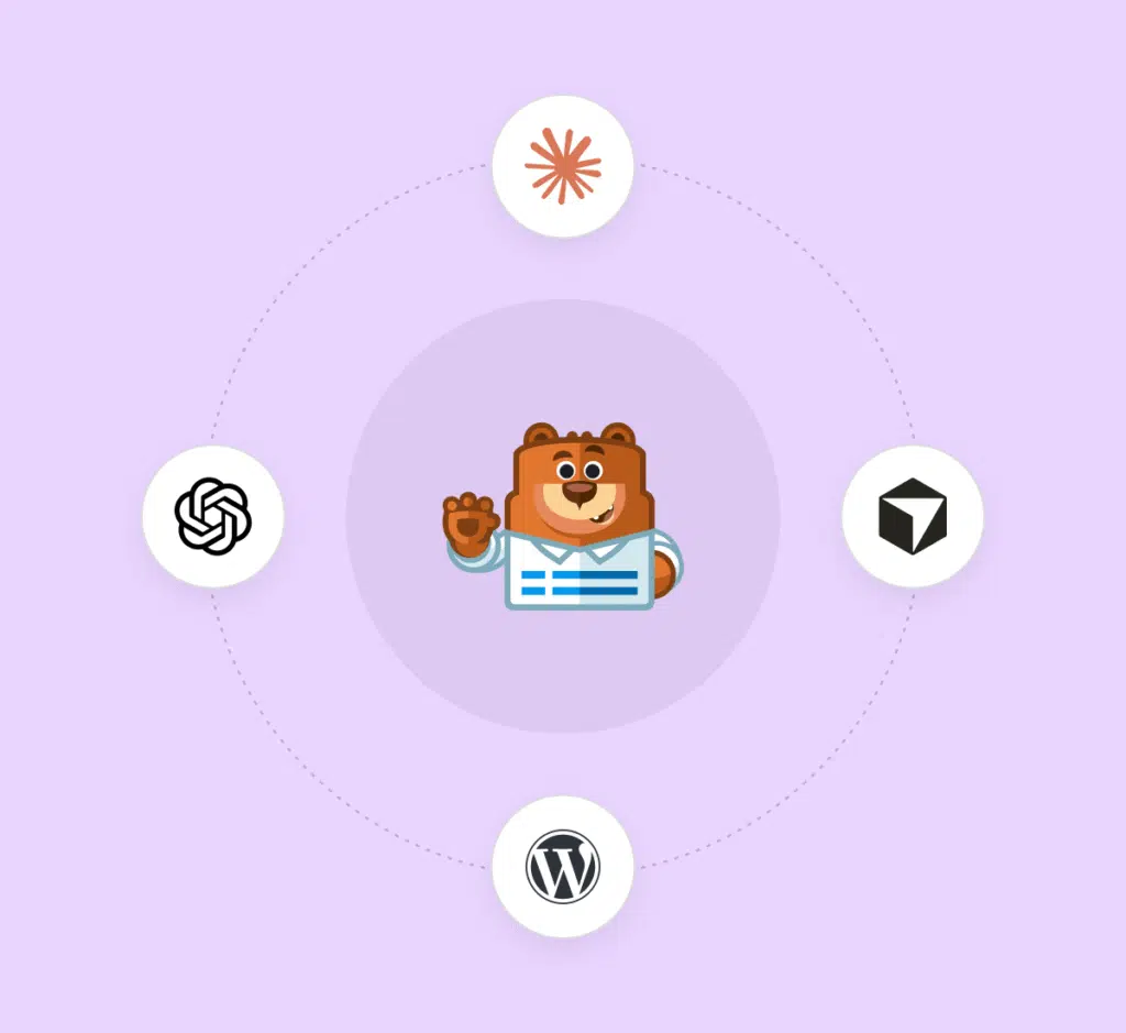 ilustração-ai-mcp-write-access - WPForms Mascote de urso de desenho animado com um cartão de identificação no centro, conectado por um anel pontilhado a quatro ícones circulares (nó, estrela, cubo, WordPress) em um fundo lavanda.