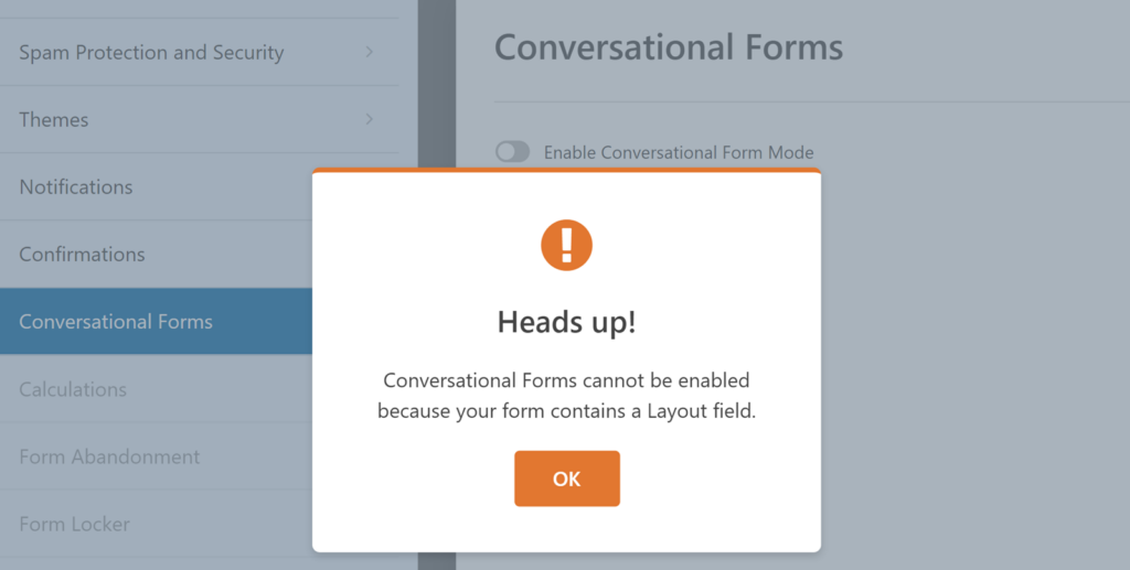 Layout fields warning in Conversational forms