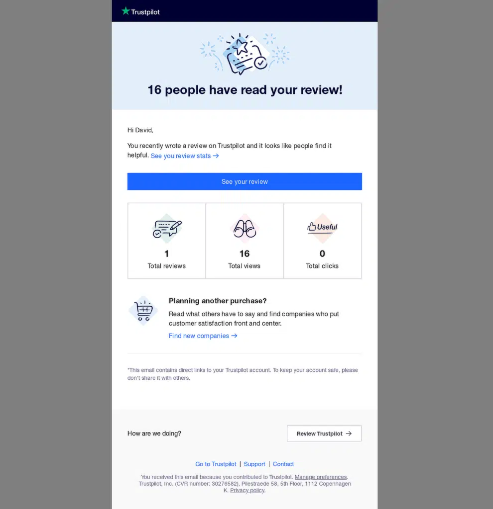 notification par e-mail trustpilot