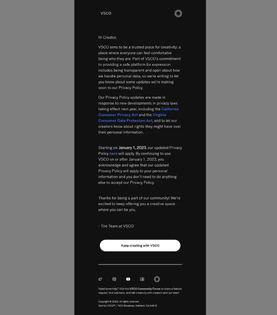 notification par e-mail vsco