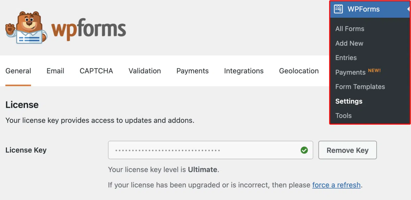 Página de configuración de WPForms