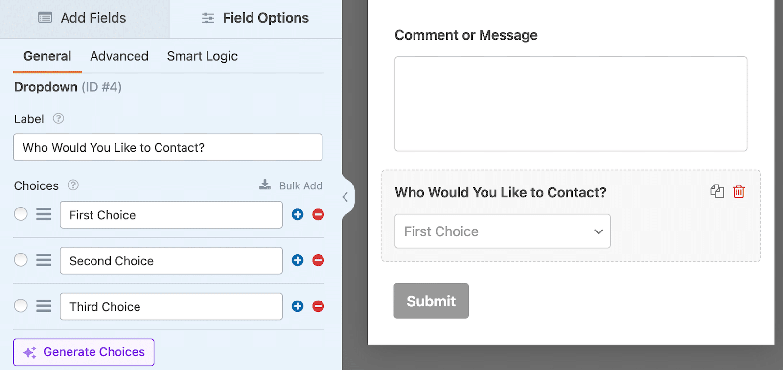 Add a dropdown field to your contact form