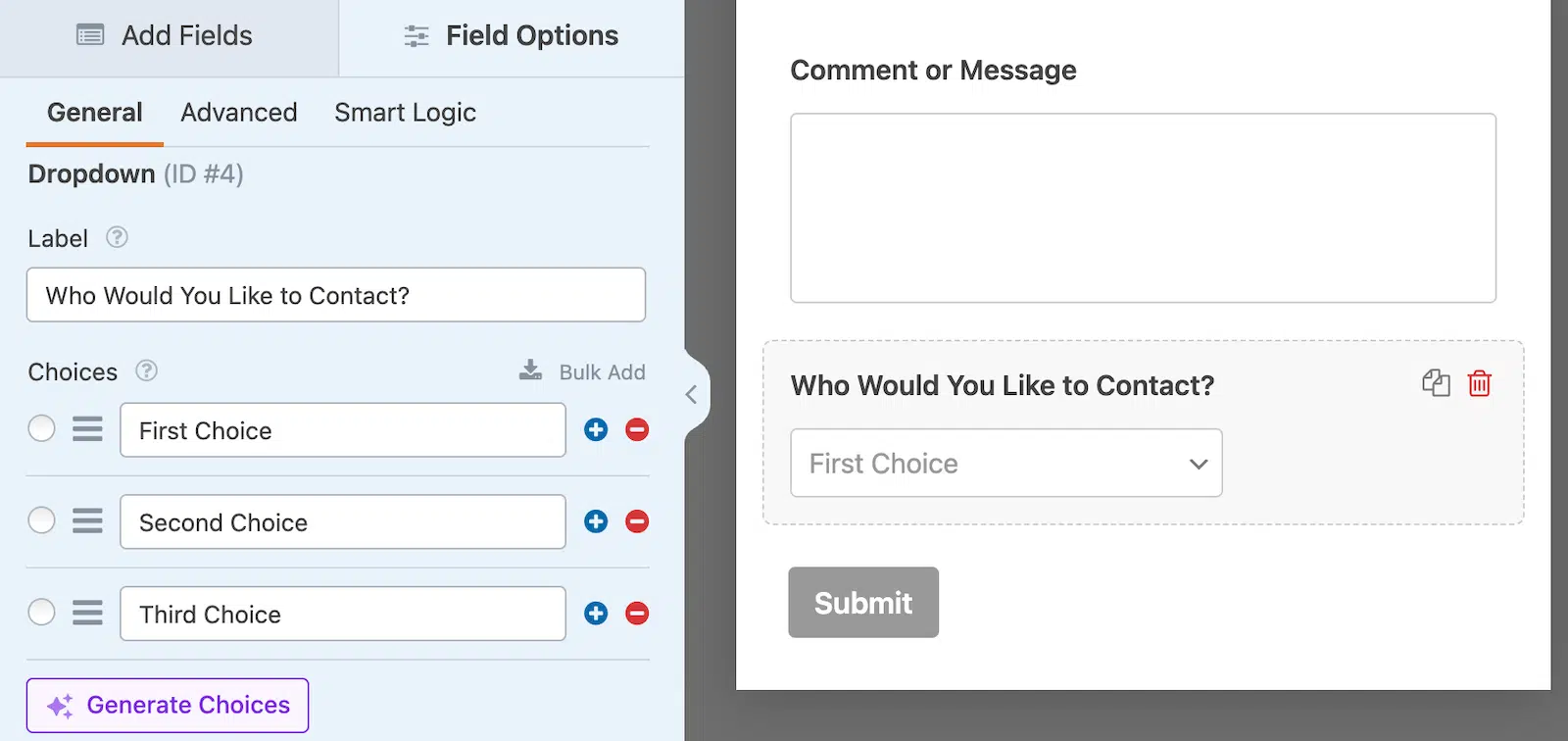 Add a dropdown field to your contact form