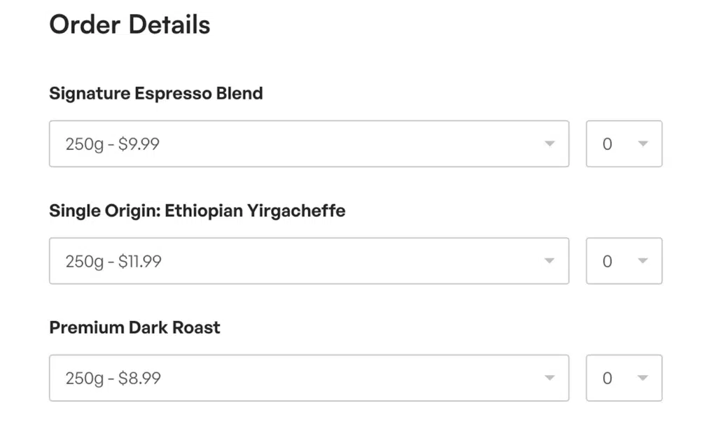 Formulario de pedido de café gourmet