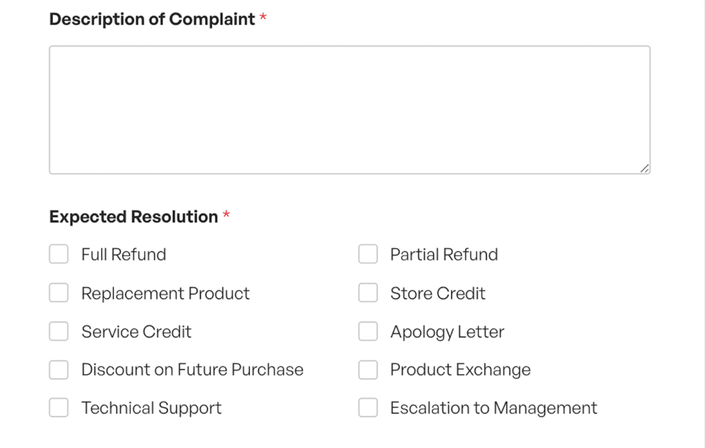 Customer complaint form