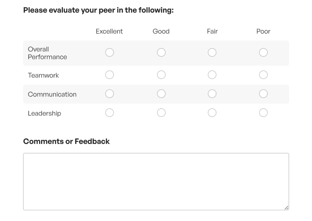 Peer assessment form