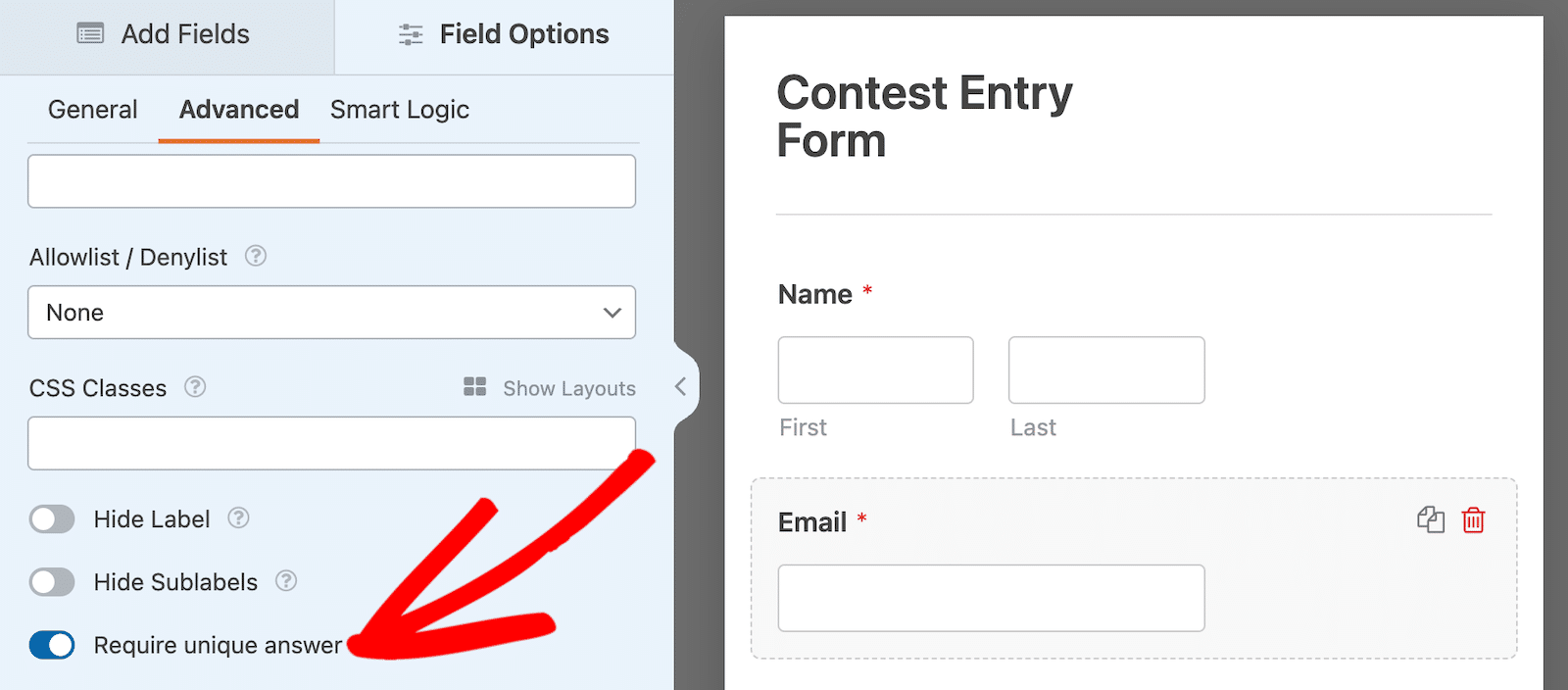 Require a unique answer on the email field