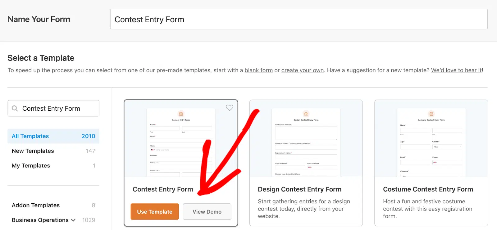 Select-Contest-Entry-Form-Template - WPForms Wählen Sie das Wettbewerbseintragsformular aus