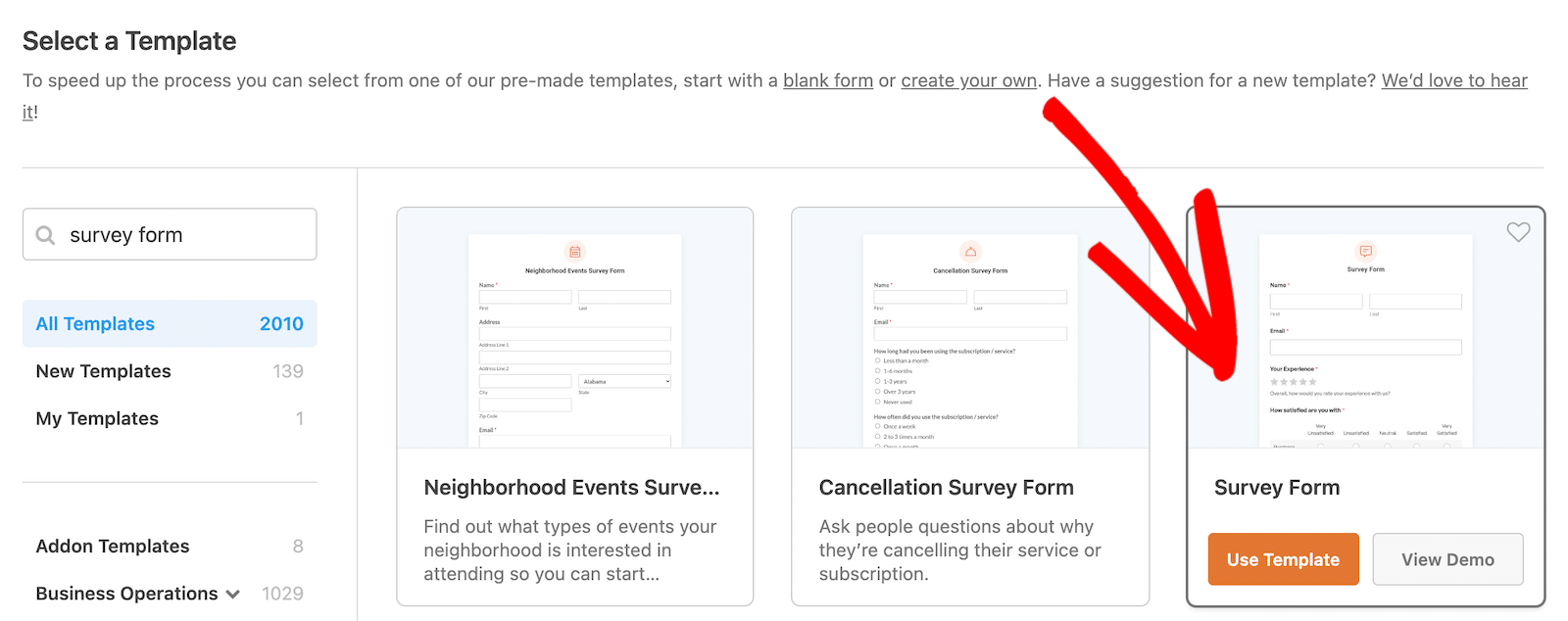 Use the Survey Form template in WPForms