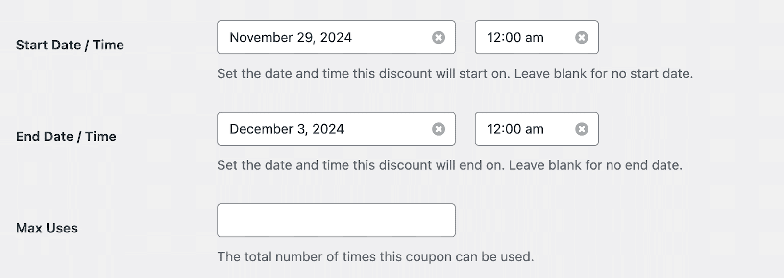 Set a start and end date/time for your coupon code in WPForms