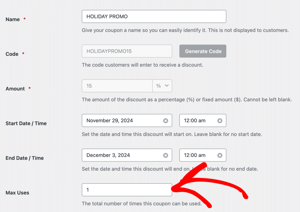 Black Friday coupon code ideas - Set the max number of uses on a WPForms coupon code