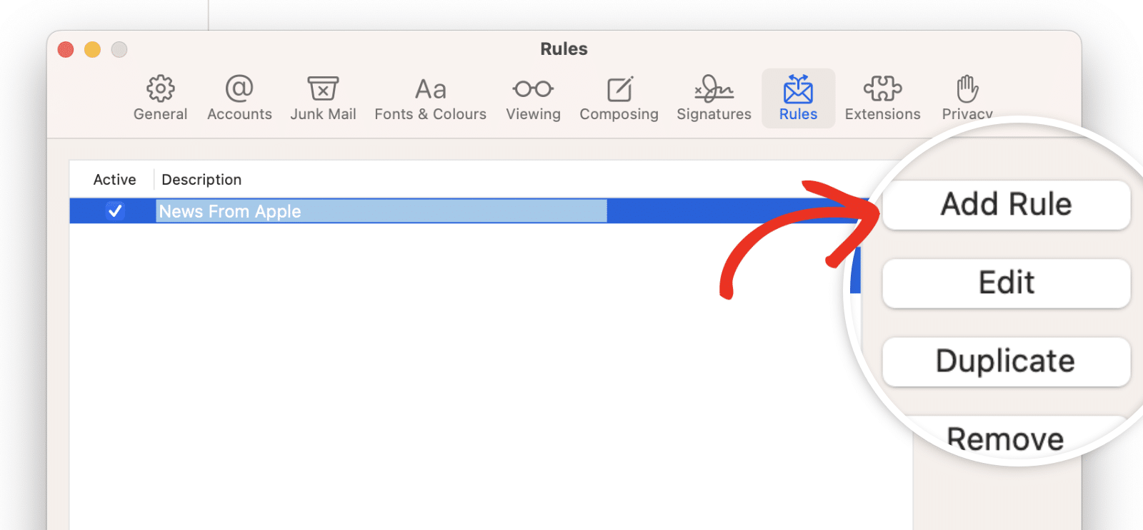 Add Rule in Apple Mail