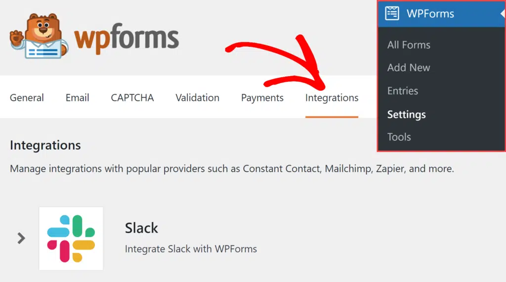 Click Slack Integration - WPForms Click Integrations tab