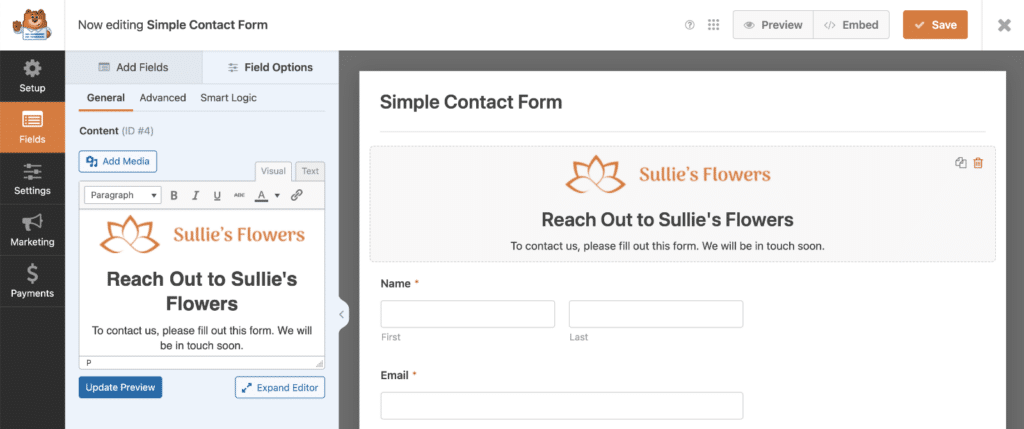 Using the Content field to add branding to a contact form