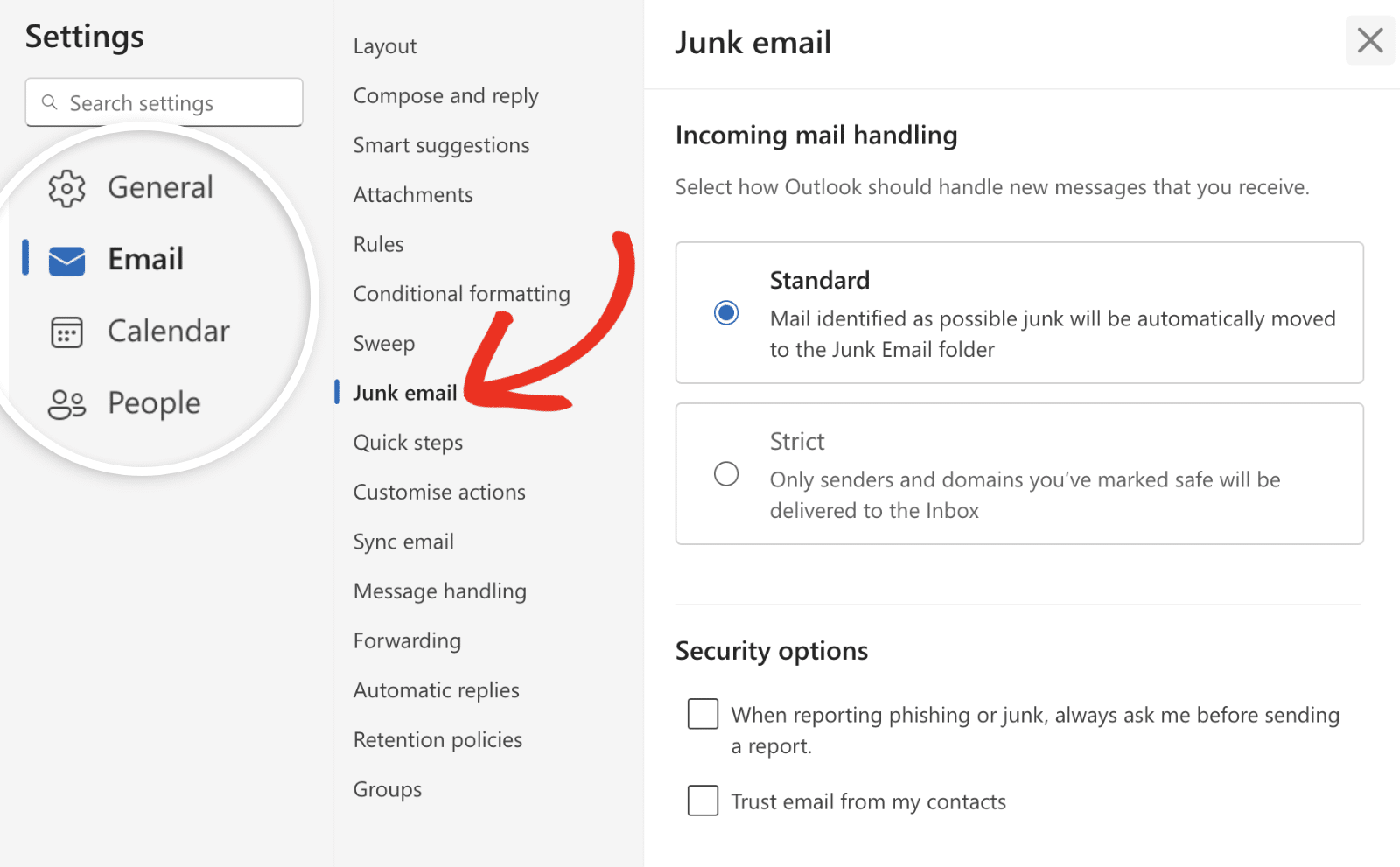 Outlook Junk email settings