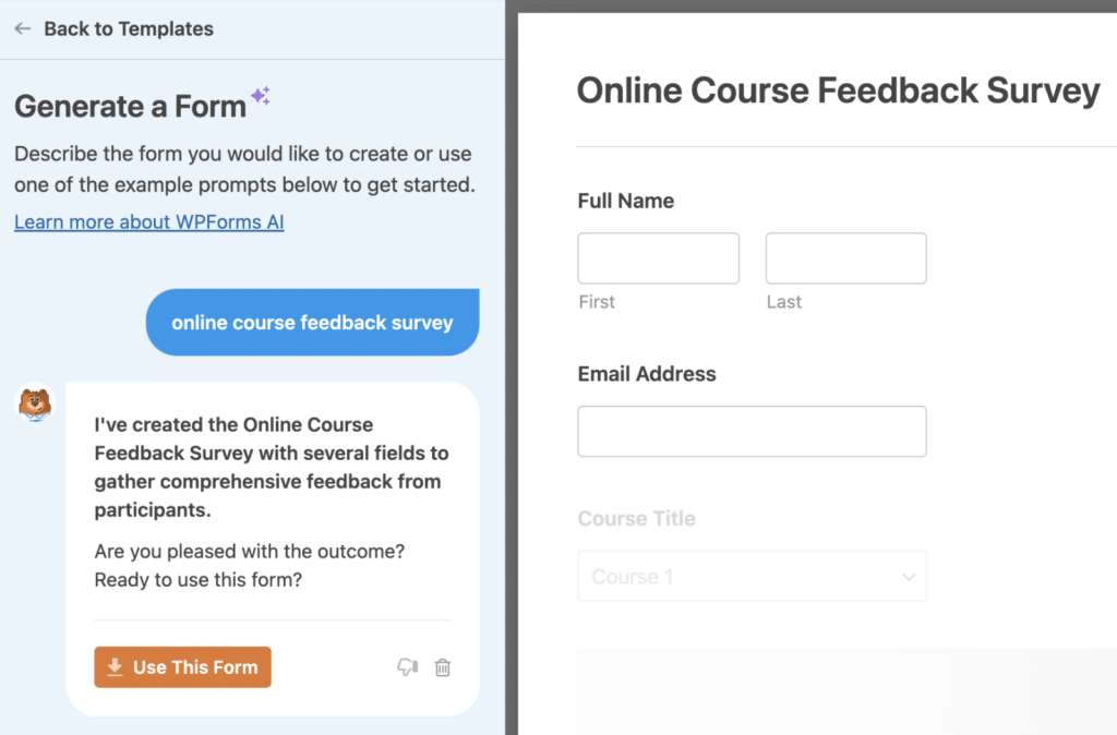 WPForms AI generating form