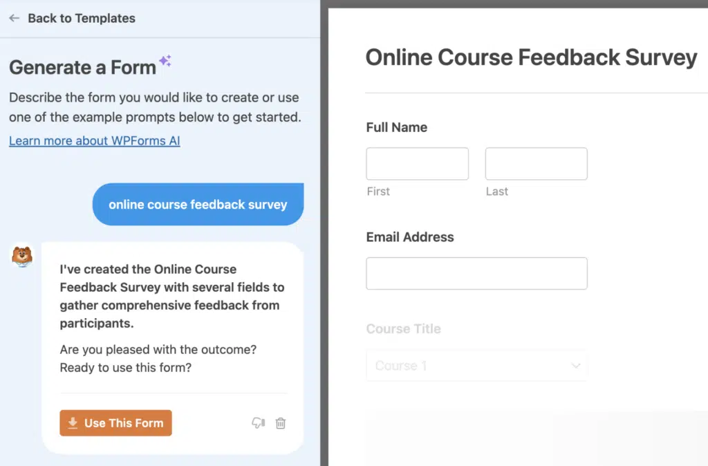 WPForms AIがフォームを生成中